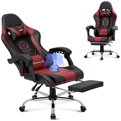 COLAMY Gaming Stuhl, Computer Stuhl mit Fußstütze und Lendenwirbelstütze, höhenverstellbarer Gaming Chair mit 360°-Drehsitz und Kopfstütze, Video Gamer PC Stuhl, Ergonomische hohe Rückenlehne, Rot COLAMY Gaming Stuhl, Computer Stuhl mit Fußstütze und Lendenwirbelstütze, höhenverstellbarer Gaming Chair mit 360°-Drehsitz und Kopfstütze, Video Gamer PC Stuhl, Ergonomische hohe Rückenlehne, Rot