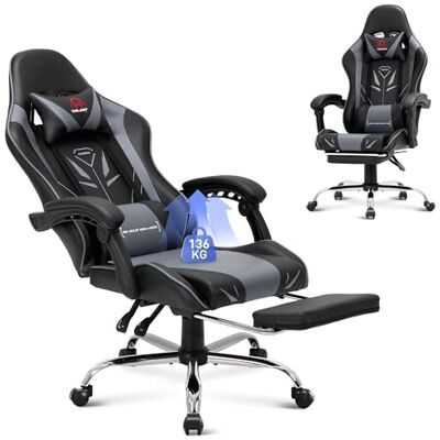COLAMY Gaming Stuhl, Computer Stuhl mit Fußstütze und Lendenwirbelstütze, höhenverstellbarer Gaming Chair mit 360°-Drehsitz und Kopfstütze, Video Gamer PC Stuhl, Ergonomische hohe Rückenlehne, Grau COLAMY Gaming Stuhl, Computer Stuhl mit Fußstütze und Lendenwirbelstütze, höhenverstellbarer Gaming Chair mit 360°-Drehsitz und Kopfstütze, Video Gamer PC Stuhl, Ergonomische hohe Rückenlehne, Grau