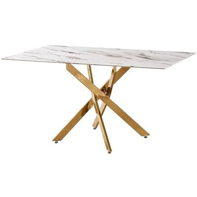 DRW Esstisch aus Glas und künstlichem Marmor und Metallbeine in Gold, Weiß und Schwarz, 76 x 150 x 90 cm DRW Esstisch aus Glas und künstlichem Marmor und Metallbeine in Gold, Weiß und Schwarz, 76 x 150 x 90 cm