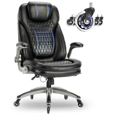 COLAMY Chefsessel aus Atmungsaktivem Leder – Ergonomischer Bürostuhl mit Taschenfederkern-Sitzkissen, Flip-up-Armlehnen& Leisen Rollen für Homeoffice und Büro, Schwarz COLAMY Chefsessel aus Atmungsaktivem Leder – Ergonomischer Bürostuhl mit Taschenfederkern-Sitzkissen, Flip-up-Armlehnen& Leisen Rollen für Homeoffice und Büro, Schwarz