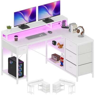 YITAHOME L Form Schreibtisch mit USB Ladeanschluss und Steckdose,Reversible Eckschreibtisch mit 4 Schubladen und Regal,Gaming Schreibtische mit Monitorständer,140x100 cm Computertisch für Büro,weiß YITAHOME L Form Schreibtisch mit USB Ladeanschluss und Steckdose,Reversible Eckschreibtisch mit 4 Schubladen und Regal,Gaming Schreibtische mit Monitorständer,140x100 cm Computertisch für Büro,weiß