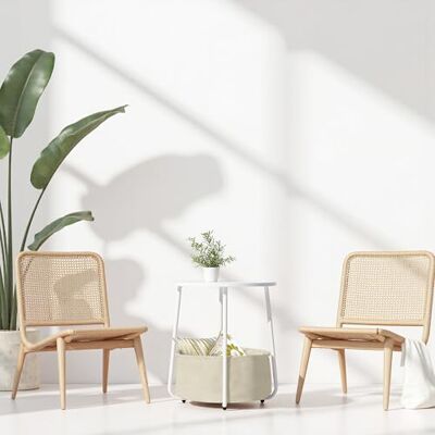 FurnitureR Kleiner runder Couchtisch mit Stoffkorb, Aufbewahrung für Wohnzimmer, Schlafzimmer, Nachttisch, minimalistischer Stil mit weißem MDF, Metallrahmen, 45 x 45 x 50,5 cm FurnitureR Kleiner runder Couchtisch mit Stoffkorb, Aufbewahrung für Wohnzimmer, Schlafzimmer, Nachttisch, minimalistischer Stil mit weißem MDF, Metallrahmen, 45 x 45 x 50,5 cm