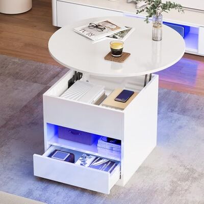 YITAHOME Couchtisch Höhenverstellbar, Couchtisch Rund mit Hebeplatte, Wohnzimmertisch Hochglanz mit verstecktem Ablagefach und LED Beleuchtung Modern, Beistelltisch Rund mit 1 Schubladen YITAHOME Couchtisch Höhenverstellbar, Couchtisch Rund mit Hebeplatte, Wohnzimmertisch Hochglanz mit verstecktem Ablagefach und LED Beleuchtung Modern, Beistelltisch Rund mit 1 Schubladen