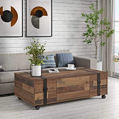 Forte FOBYA Couchtisch 110, Tisch auf Rollen mit 1 Schublade, Wohnzimmertisch, Sofatisch rustikal, Beistelltisch, Holzwerkstoff, Old-Wood Vintage Holzdekor, 110 cm breit x 35,6 cm hoch x 60,2 cm tief Forte FOBYA Couchtisch 110, Tisch auf Rollen mit 1 Schublade, Wohnzimmertisch, Sofatisch rustikal, Beistelltisch, Holzwerkstoff, Old-Wood Vintage Holzdekor, 110 cm breit x 35,6 cm hoch x 60,2 cm tief