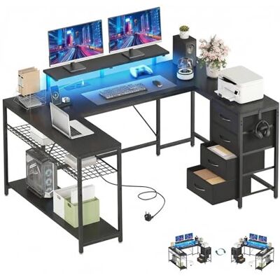 YITAHOME Computer Schreibtisch 158cm Steckdose USB Schubladen LED Schwarz YITAHOME Computer Schreibtisch 158cm Steckdose USB Schubladen LED Schwarz
