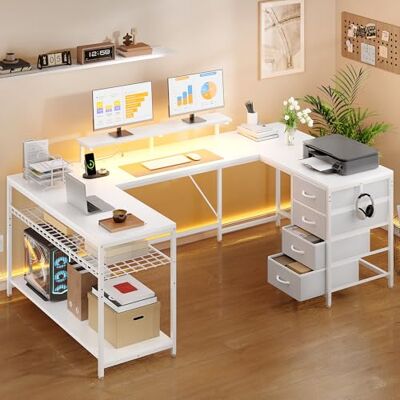 YITAHOME Eckschreibtisch mit 4 Schubladen & Stauraum, 158 x 100cm Gaming Schreibtisch mit LED & Monitorständer für Home Office, Reversible Eck Schreibtisch mit 2 Steckdosen und USB Ladeanschluss, Weiß YITAHOME Eckschreibtisch mit 4 Schubladen & Stauraum, 158 x 100cm Gaming Schreibtisch mit LED & Monitorständer für Home Office, Reversible Eck Schreibtisch mit 2 Steckdosen und USB Ladeanschluss, Weiß