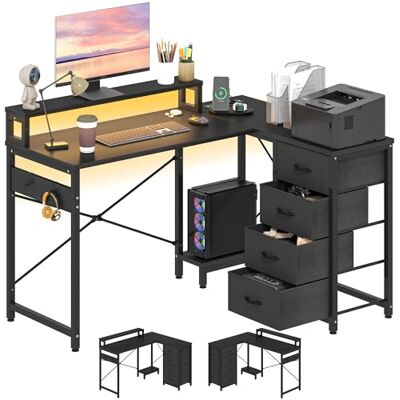 YITAHOME Schreibtisch, Reversible Eckschreibtisch mit 4 Schubladen, Schreibtisch L Form mit 2 Steckdosen und 2 USB Ladeanschluss, Bürotisch L Form mit LED,130x100cm Ecktisch mit Monitorablage Schwarz YITAHOME Schreibtisch, Reversible Eckschreibtisch mit 4 Schubladen, Schreibtisch L Form mit 2 Steckdosen und 2 USB Ladeanschluss, Bürotisch L Form mit LED,130x100cm Ecktisch mit Monitorablage Schwarz