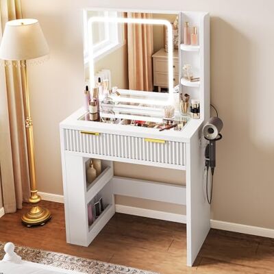 YITAHOME Schminktisch mit Verstellbarer LED-Beleuchtung und Steckdosen, Make-up-Tisch mit transparenter Glasplatte, Frisiertisch für das Schlafzimmer, 1 Schublade und 4 Fächer, weiß YITAHOME Schminktisch mit Verstellbarer LED-Beleuchtung und Steckdosen, Make-up-Tisch mit transparenter Glasplatte, Frisiertisch für das Schlafzimmer, 1 Schublade und 4 Fächer, weiß