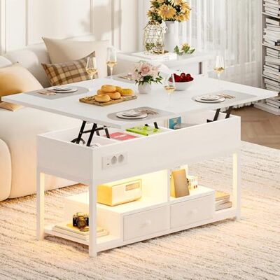 IRONCK Couchtisch Höhenverstellbar, LED Wohnzimmertisch mit Steckdosen, 2AC+USB+USB‑C, Kaffeetisch Holz, 2 Schubladen, Umwandelbar Esstisch 100×80cm (Weiß) IRONCK Couchtisch Höhenverstellbar, LED Wohnzimmertisch mit Steckdosen, 2AC+USB+USB‑C, Kaffeetisch Holz, 2 Schubladen, Umwandelbar Esstisch 100×80cm (Weiß)