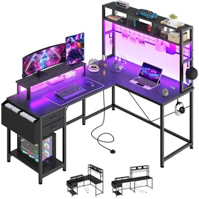 YITAHOME Gaming Tisch L Form mit Steckdosen & LED-Lichter, 150 x 100 x 150 cm Schreibtisch mit Monitorständer, Reversibler Eckschreibtisch mit Regalen, Computertisch für Home Office, Schwarz YITAHOME Gaming Tisch L Form mit Steckdosen & LED-Lichter, 150 x 100 x 150 cm Schreibtisch mit Monitorständer, Reversibler Eckschreibtisch mit Regalen, Computertisch für Home Office, Schwarz