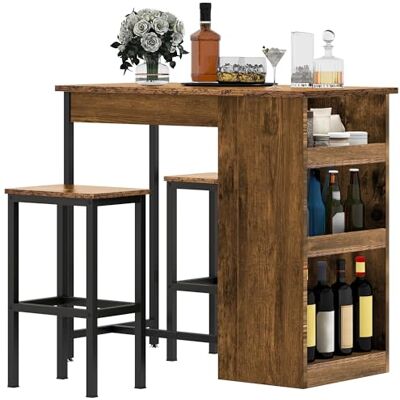 DWVO Frühstücksbar, Bartisch mit 2 Hockern und Ablage, Industrial Style Bartisch Set für Küche, Esszimmer, Kneipe, Rustikales Braun DWVO Frühstücksbar, Bartisch mit 2 Hockern und Ablage, Industrial Style Bartisch Set für Küche, Esszimmer, Kneipe, Rustikales Braun