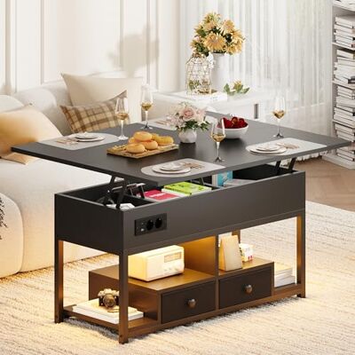 IRONCK Couchtisch Höhenverstellbar, LED Wohnzimmertisch mit Steckdosen, 2AC+USB+USB‑C, Kaffeetisch Holz, 2 Schubladen, Umwandelbar Esstisch 100×80cm (Schwarz) IRONCK Couchtisch Höhenverstellbar, LED Wohnzimmertisch mit Steckdosen, 2AC+USB+USB‑C, Kaffeetisch Holz, 2 Schubladen, Umwandelbar Esstisch 100×80cm (Schwarz)