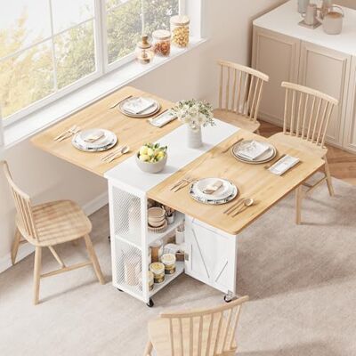 Jocoevol Esstisch Klappbar Küchentisch für 2-4 Personen, Klapptisch mit Trennwand und zweilagigem offenem Regal, Ausziehbar mit Rollen für Küche & Esszimmer, 120x60x76 cm, Ahorn + Weiß Jocoevol Esstisch Klappbar Küchentisch für 2-4 Personen, Klapptisch mit Trennwand und zweilagigem offenem Regal, Ausziehbar mit Rollen für Küche & Esszimmer, 120x60x76 cm, Ahorn + Weiß