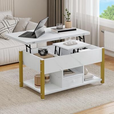 YITAHOME Couchtisch mit Höhenverstellbarer, 4-in-1-Multifunktions-Couchtisch mit Stauraum, Couchtisch lässt Sich in einen Esstisch für das Wohnzimmer umwandeln, Weißer Marmor YITAHOME Couchtisch mit Höhenverstellbarer, 4-in-1-Multifunktions-Couchtisch mit Stauraum, Couchtisch lässt Sich in einen Esstisch für das Wohnzimmer umwandeln, Weißer Marmor