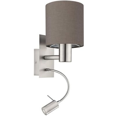 EGLO Wandlampe Pasteri, 2-flammige Textil Wandleuchte mit LED Leselicht, Leselampe aus Metall in Silber und Stoff in Anthrazit-braun, E27 Fassung EGLO Wandlampe Pasteri, 2-flammige Textil Wandleuchte mit LED Leselicht, Leselampe aus Metall in Silber und Stoff in Anthrazit-braun, E27 Fassung