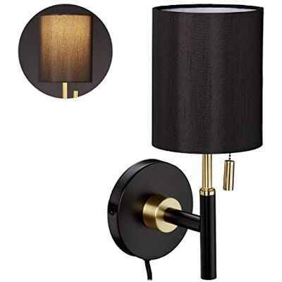 Relaxdays Wandleuchte, runder Stoffschirm, Zugschalter, Kabel mit Stecker, Wandlampe HBT: 32 x 13 x 18 cm, schwarz-gold Relaxdays Wandleuchte, runder Stoffschirm, Zugschalter, Kabel mit Stecker, Wandlampe HBT: 32 x 13 x 18 cm, schwarz-gold