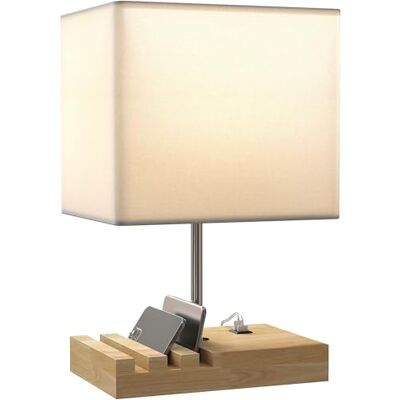 HOMCOM Tischlampe Schreibtischlampe mit E27-Fassung, USB-A+C-Ladeanschlüssen und 3 Handyhaltern, Nachttischlampe mit Massivholzfuß und Stoffschirm für Schlafzimmer Wohnzimmer, exkl. Glühbirne HOMCOM Tischlampe Schreibtischlampe mit E27-Fassung, USB-A+C-Ladeanschlüssen und 3 Handyhaltern, Nachttischlampe mit Massivholzfuß und Stoffschirm für Schlafzimmer Wohnzimmer, exkl. Glühbirne