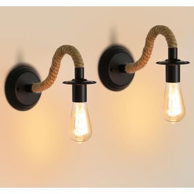 Comely 2 Stück Wandleuchte Retro, Wandlampe aus Hanfseil Schwarz E27, Industrial Wandleuchte Innen für Schlafzimmer, Wohnzimmer, Treppen, Flur (ohne Leuchtmittel) Comely 2 Stück Wandleuchte Retro, Wandlampe aus Hanfseil Schwarz E27, Industrial Wandleuchte Innen für Schlafzimmer, Wohnzimmer, Treppen, Flur (ohne Leuchtmittel)