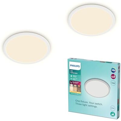 Philips LED Badezimmer Deckenleuchte Superslim (15 W), 3 Lichteinstellungen, warmweißes Licht, dimmen ohne Dimmer, IP44 Schutz, weiß, 25cm, 2erPack Philips LED Badezimmer Deckenleuchte Superslim (15 W), 3 Lichteinstellungen, warmweißes Licht, dimmen ohne Dimmer, IP44 Schutz, weiß, 25cm, 2erPack