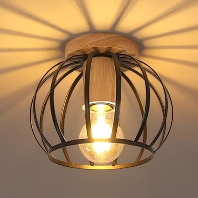 Goeco Deckenleuchte Schwarz, E27 Lampenfassung Industrial Lampenschirm in Form eines Metallkäfigs mit Holzsockel, Deckenlampe Vintage für Flur, Balkon und Speisesaal, Ø 19cm Goeco Deckenleuchte Schwarz, E27 Lampenfassung Industrial Lampenschirm in Form eines Metallkäfigs mit Holzsockel, Deckenlampe Vintage für Flur, Balkon und Speisesaal, Ø 19cm