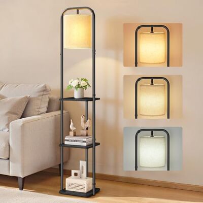 VASAGLE Stehlampe mit Regal, Fußschalter, LED-Glühbirne, Lampenschirm aus Stoff, mit 3 Holzregalen, Schlafzimmer, Büro, 29,9 x 31,8 x 160,5 cm, Tintenschwarz LFL001BD02 VASAGLE Stehlampe mit Regal, Fußschalter, LED-Glühbirne, Lampenschirm aus Stoff, mit 3 Holzregalen, Schlafzimmer, Büro, 29,9 x 31,8 x 160,5 cm, Tintenschwarz LFL001BD02