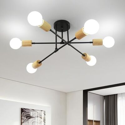 Comely Retro Deckenleuchte Schlafzimmer, 6 Flammig E27 Schwarz Sputnik Kronleuchter, Vintage Metall Deckenlampe mit Holzbecher für Wohnzimmer Esszimmer Flur Comely Retro Deckenleuchte Schlafzimmer, 6 Flammig E27 Schwarz Sputnik Kronleuchter, Vintage Metall Deckenlampe mit Holzbecher für Wohnzimmer Esszimmer Flur