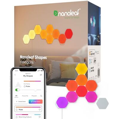 nanoleaf Shapes Hexagon Starter Kit, 9 Smarten LED Panels RGBW Modulare WLAN 16 Mio. Farben Wandleuchte Innen, Musik & Bildschirm Sync, Funktioniert mit Alexa Google Apple, für Deko & Gaming nanoleaf Shapes Hexagon Starter Kit, 9 Smarten LED Panels RGBW Modulare WLAN 16 Mio. Farben Wandleuchte Innen, Musik & Bildschirm Sync, Funktioniert mit Alexa Google Apple, für Deko & Gaming