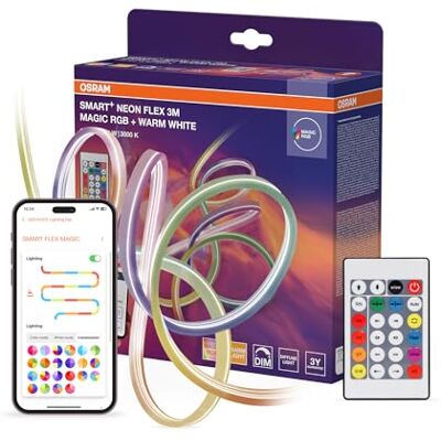 Osram SMART WIFI NEON FLEX flexibler LED-Streifen, 3M, WLAN steuerbar, Magic RGB für diverse Farben und Lichteffekte, 830 warmweiß, mit Fernbedienung, 14W, IP44, LED nicht austauschbar, dimmbar Osram SMART WIFI NEON FLEX flexibler LED-Streifen, 3M, WLAN steuerbar, Magic RGB für diverse Farben und Lichteffekte, 830 warmweiß, mit Fernbedienung, 14W, IP44, LED nicht austauschbar, dimmbar