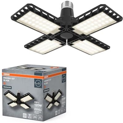 Osram Highbay Blade Deckenlampe in Schwarz, Kunststoff, mit verstellbaren Lichtflügeln, bietet 23 W bzw. 2350 lm in Neutralweiß mit 4000 K, E27 Schraubgewinde, 231 mm Durchmesser, IP20 Osram Highbay Blade Deckenlampe in Schwarz, Kunststoff, mit verstellbaren Lichtflügeln, bietet 23 W bzw. 2350 lm in Neutralweiß mit 4000 K, E27 Schraubgewinde, 231 mm Durchmesser, IP20