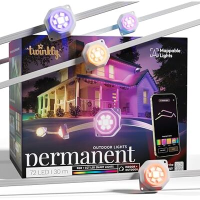 Twinkly Permanente Beleuchtung mit 72 RGB-LEDs, LED-Lichtstreifen für den Außenbereich, Smarte Mehrfarbige LED-Lichter, Kompatibel mit Alexa und Google Home, IP65, App-Steuerung, Weißes Kabel, 30 m Twinkly Permanente Beleuchtung mit 72 RGB-LEDs, LED-Lichtstreifen für den Außenbereich, Smarte Mehrfarbige LED-Lichter, Kompatibel mit Alexa und Google Home, IP65, App-Steuerung, Weißes Kabel, 30 m