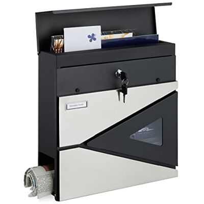 Relaxdays Briefkasten, Zeitungsfach, modern, Sichtfenster, abschließbar, Postbox HBT 37x37x11 cm, Stahl, schwarz/silber Relaxdays Briefkasten, Zeitungsfach, modern, Sichtfenster, abschließbar, Postbox HBT 37x37x11 cm, Stahl, schwarz/silber