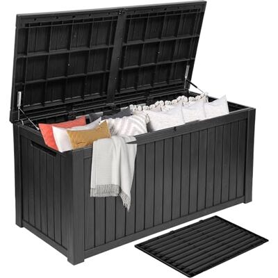 DWVO 680L Extra Große Gartenbox aus Resin, Wasserdichte Aufbewahrungsbox mit herausnehmbarem Trennsteg für Terrasse, Garten, Pool & Werkzeuge – Schwarz DWVO 680L Extra Große Gartenbox aus Resin, Wasserdichte Aufbewahrungsbox mit herausnehmbarem Trennsteg für Terrasse, Garten, Pool & Werkzeuge – Schwarz