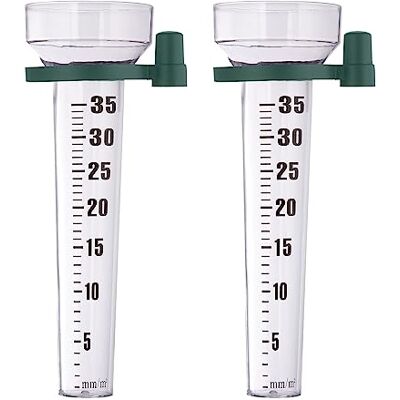 Relaxdays Regenmesser 2er Set, mit Halterung, Niederschlagsmesser Garten, Skala 35 mm/m², Kunststoff, transparent/grün Relaxdays Regenmesser 2er Set, mit Halterung, Niederschlagsmesser Garten, Skala 35 mm/m², Kunststoff, transparent/grün