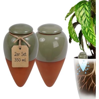 Relaxdays Tonkegel Bewässerung, 2er Set, 350 ml, terrakotta/salbei Gießhelfer mit Deckel, Zimmerpflanzen & Balkonkästen Relaxdays Tonkegel Bewässerung, 2er Set, 350 ml, terrakotta/salbei Gießhelfer mit Deckel, Zimmerpflanzen & Balkonkästen