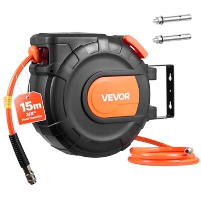 VEVOR Druckluftschlauchtrommel, 9,5 mm x 15 m PVC-Schlauch, 20 bar, Geschlossener Schlauchaufroller mit Automatischer Aufwicklung & 1 m Zuleitung, 180° schwenkbare Decken-/Wandhalterung VEVOR Druckluftschlauchtrommel, 9,5 mm x 15 m PVC-Schlauch, 20 bar, Geschlossener Schlauchaufroller mit Automatischer Aufwicklung & 1 m Zuleitung, 180° schwenkbare Decken-/Wandhalterung