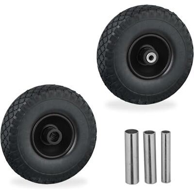 Relaxdays Sackkarrenrad 2er Set, 3.00-4, Vollgummi, Komplettrad Stahlfelge, 3 Adapter, Ersatzrad Schubkarre, schwarz Relaxdays Sackkarrenrad 2er Set, 3.00-4, Vollgummi, Komplettrad Stahlfelge, 3 Adapter, Ersatzrad Schubkarre, schwarz