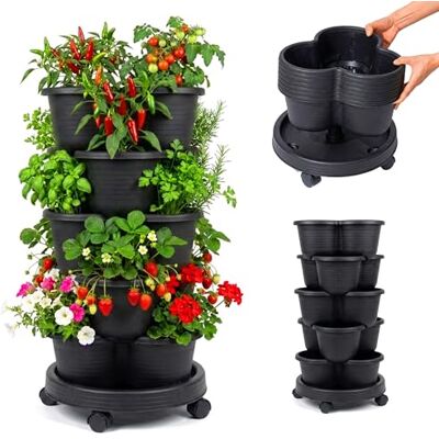 Relaxdays Pflanzturm, vertikaler Garten, stapelbar, auf Rollen, HxD: 66x33 cm, Erdbeer-Turm mit 5 Etagen, PP, schwarz Relaxdays Pflanzturm, vertikaler Garten, stapelbar, auf Rollen, HxD: 66x33 cm, Erdbeer-Turm mit 5 Etagen, PP, schwarz