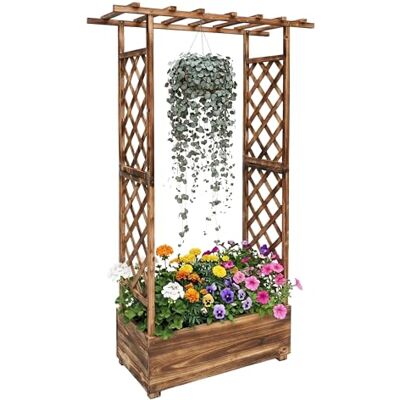 Relaxdays Blumenkasten mit Rankgitter & Dach, HBT 183x110x44 cm, Pflanzkübel mit Spalier, Balkon, Garten, Holz, geflammt Relaxdays Blumenkasten mit Rankgitter & Dach, HBT 183x110x44 cm, Pflanzkübel mit Spalier, Balkon, Garten, Holz, geflammt