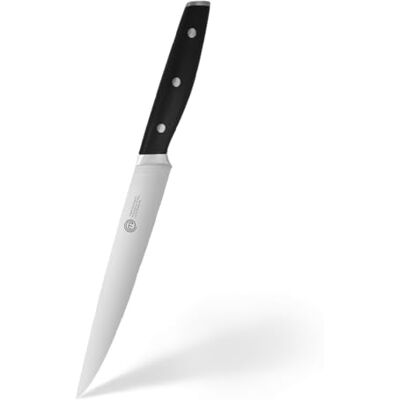 MasterChef Fleischmesser, Kochmesser Profi Messer aus Kohlenstoffreichem Edelstahl, Dreifach Vernieteter Griff, Tranchiermesser mit Stahl Kropf, Vollzapfen, Superscharf, 20cm Klinge MasterChef Fleischmesser, Kochmesser Profi Messer aus Kohlenstoffreichem Edelstahl, Dreifach Vernieteter Griff, Tranchiermesser mit Stahl Kropf, Vollzapfen, Superscharf, 20cm Klinge