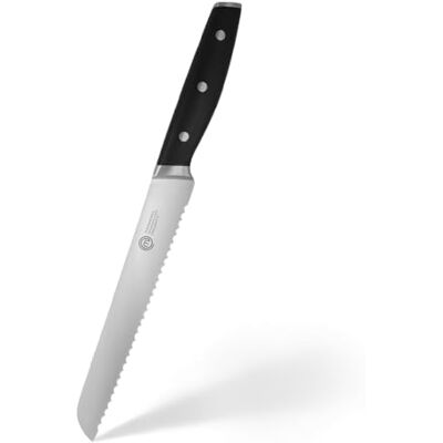 MasterChef Brotmesser, Kochmesser Profi Messer aus Kohlenstoffreichem Edelstahl, Dreifach Vernieteter Griff, Gezahnte Klinge, Stahl Kropf, Vollzapfen, Superscharf, 20cm Klinge MasterChef Brotmesser, Kochmesser Profi Messer aus Kohlenstoffreichem Edelstahl, Dreifach Vernieteter Griff, Gezahnte Klinge, Stahl Kropf, Vollzapfen, Superscharf, 20cm Klinge