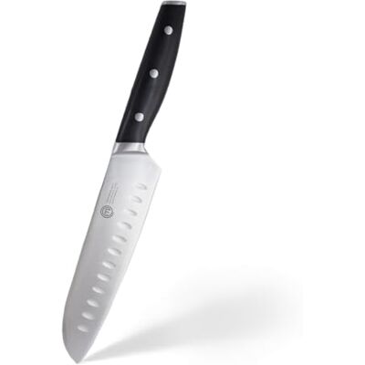 MasterChef Santoku Messer, Kochmesser Profi Messer aus Kohlenstoffreichem Edelstahl, Dreifach Vernieteter Griff, mit Stahl Kropf, Vollzapfen, Superscharf, 18cm Klinge, Silber MasterChef Santoku Messer, Kochmesser Profi Messer aus Kohlenstoffreichem Edelstahl, Dreifach Vernieteter Griff, mit Stahl Kropf, Vollzapfen, Superscharf, 18cm Klinge, Silber