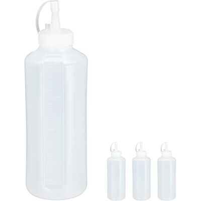 Relaxdays Quetschflasche, 4er Set, 1000 ml, für Saucen, Spritzflasche zum Befüllen, Squeeze Flasche, Kunststoff, klar Relaxdays Quetschflasche, 4er Set, 1000 ml, für Saucen, Spritzflasche zum Befüllen, Squeeze Flasche, Kunststoff, klar