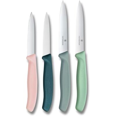 Victorinox Swiss Classic, Tomaten- und Gemüsemesser Set, 4teilig, Scharfe Klinge, 8 und 10 cm, Wellenschliff, Rostfreier Stahl, Pink und Grün Victorinox Swiss Classic, Tomaten- und Gemüsemesser Set, 4teilig, Scharfe Klinge, 8 und 10 cm, Wellenschliff, Rostfreier Stahl, Pink und Grün