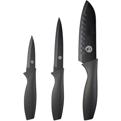 MasterChef Messerset, Küchenmesser Set ink. Kochmesser, Gemüsemesser & Schälmesser, Scharfe Messer Edelstahl, Antihaftbeschichtete, Soft-Touch-Griffe, Schwarz, 3-teilig MasterChef Messerset, Küchenmesser Set ink. Kochmesser, Gemüsemesser & Schälmesser, Scharfe Messer Edelstahl, Antihaftbeschichtete, Soft-Touch-Griffe, Schwarz, 3-teilig