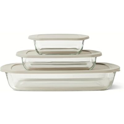 Amazon Basics Glas-Backformen mit BPA-freien Deckeln, 6-Teiliges Set, Borosilikatglas, Spülmaschinen- und Ofenfest, Leinengrau Amazon Basics Glas-Backformen mit BPA-freien Deckeln, 6-Teiliges Set, Borosilikatglas, Spülmaschinen- und Ofenfest, Leinengrau
