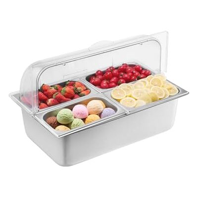 VEVOR Beilagenbehälter Zutatenbehälter Gastronormbehälter aus Edelstahl (4 x 1/4 Behälter), Präsentationsständer Buffet-Gewürzspender mit transparentem Deckel für Restaurant Hotel Küche Party VEVOR Beilagenbehälter Zutatenbehälter Gastronormbehälter aus Edelstahl (4 x 1/4 Behälter), Präsentationsständer Buffet-Gewürzspender mit transparentem Deckel für Restaurant Hotel Küche Party