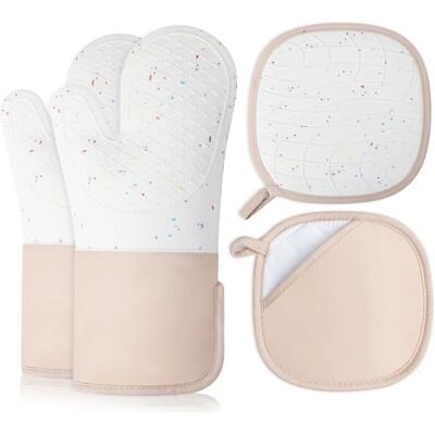 Romon Topflappen Set 4-teilig Ofenhandschuhe Hitzebestaendig Silikon-Beschichtung Topfhandschuhe rutschfeste Lange Ideal für Backen Kochen Camping Beige Romon Topflappen Set 4-teilig Ofenhandschuhe Hitzebestaendig Silikon-Beschichtung Topfhandschuhe rutschfeste Lange Ideal für Backen Kochen Camping Beige
