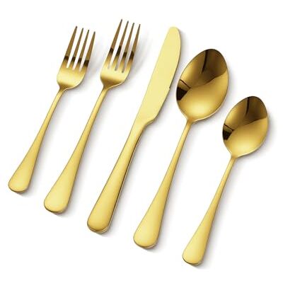 VEVOR 100-tlg. Besteckset in Gold, Essbesteck aus lebensmittelechtem Edelstahl für 20 Personen, mit Hochglanzoberfläche, spülmaschinenfestes Essgeschirr, inklusive Messer Gabel Löffel VEVOR 100-tlg. Besteckset in Gold, Essbesteck aus lebensmittelechtem Edelstahl für 20 Personen, mit Hochglanzoberfläche, spülmaschinenfestes Essgeschirr, inklusive Messer Gabel Löffel