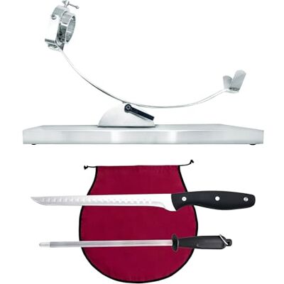 NERTHUS FIJ 1450 Set schwenkbarer Schinkenhalter mit drehbarem Kopf aus Edelstahl bordeauxfarbener Schinkenschutz manueller Schärfer und Schinkenmesser NERTHUS FIJ 1450 Set schwenkbarer Schinkenhalter mit drehbarem Kopf aus Edelstahl bordeauxfarbener Schinkenschutz manueller Schärfer und Schinkenmesser