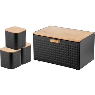 Florina Brotkasten inkl. 3-er-Set Aufbewahrungsdosen CUBE I Brotbox aus Stahl und Bambus-Deckel I Geräumiger und moderner Brotbehälter I 3 Vorratsdosen für Kaffee Tee Zucker I Farbe: Schwarz Florina Brotkasten inkl. 3-er-Set Aufbewahrungsdosen CUBE I Brotbox aus Stahl und Bambus-Deckel I Geräumiger und moderner Brotbehälter I 3 Vorratsdosen für Kaffee Tee Zucker I Farbe: Schwarz